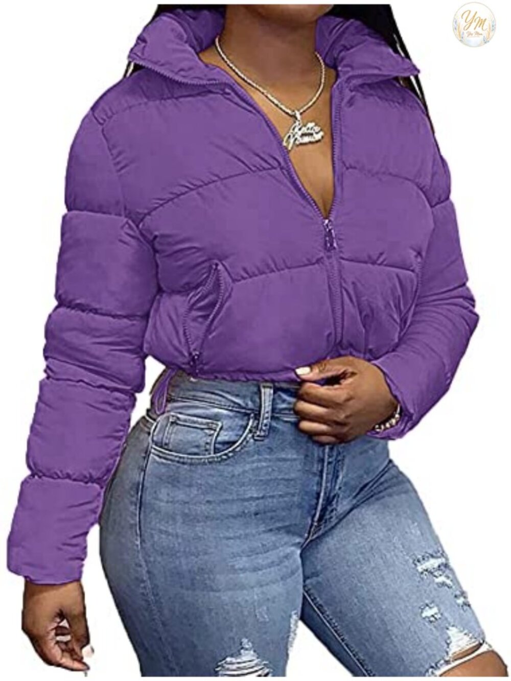 Cropped Quilted Jacket Full Zipper Puffer Warm Winter